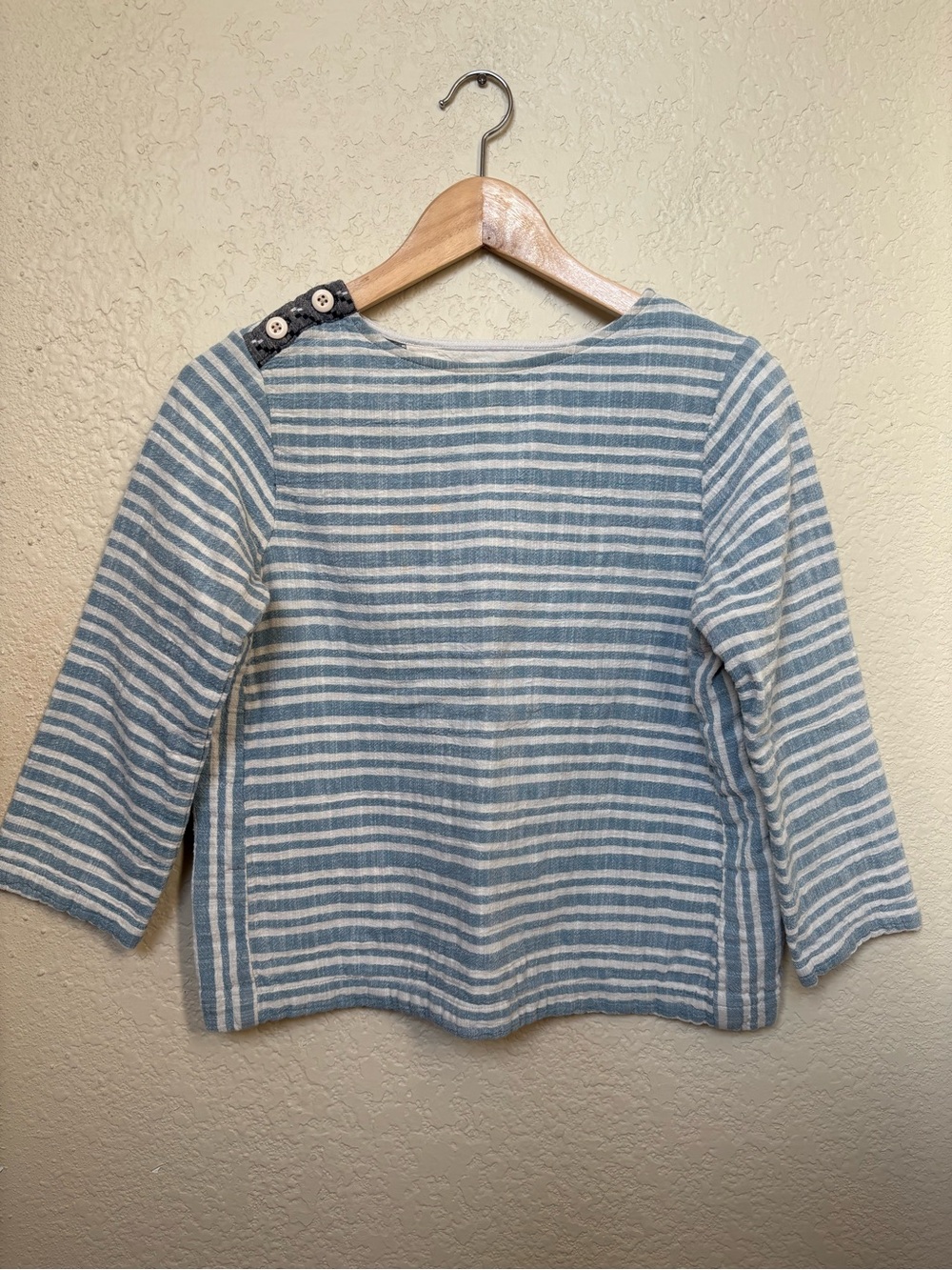 Ace & Jig Striped 100% Cotton Top 3/4 Sleeve Button Detail Blue